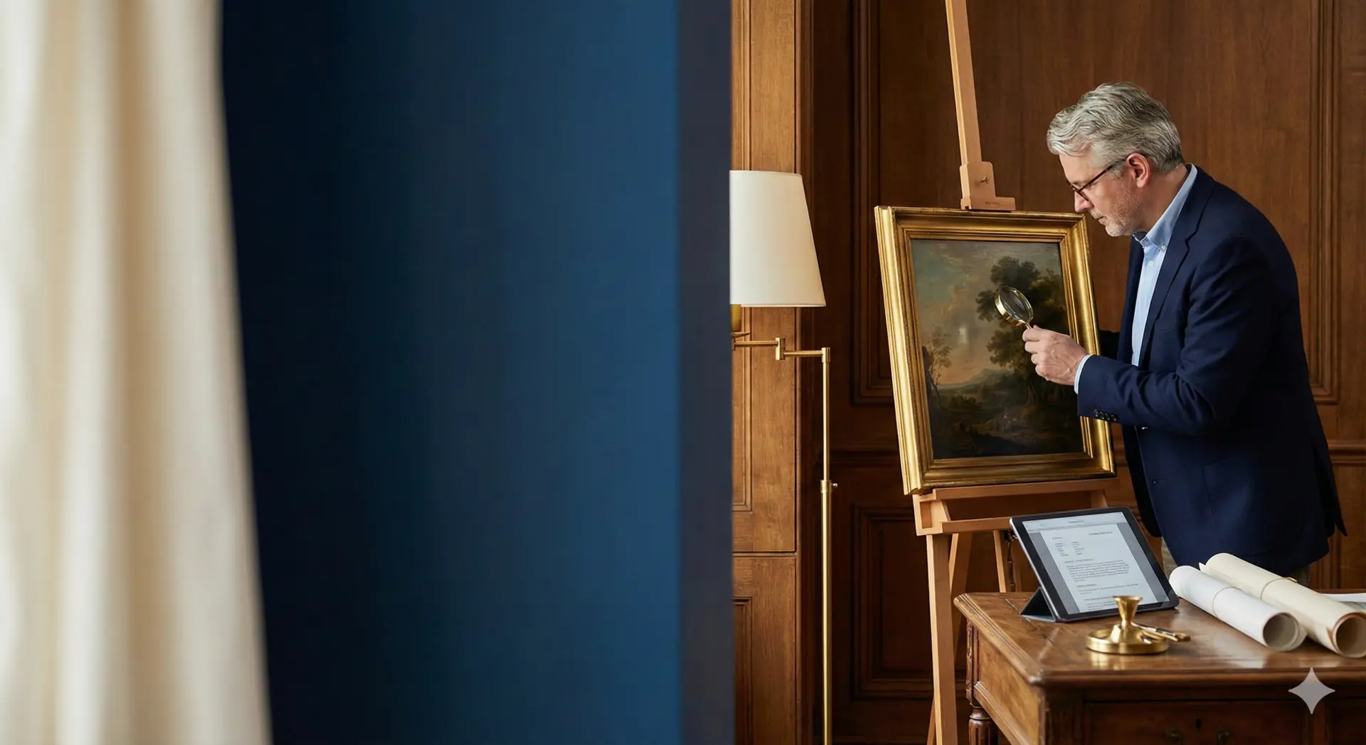 Especialista revisando una obra para tasación profesional.