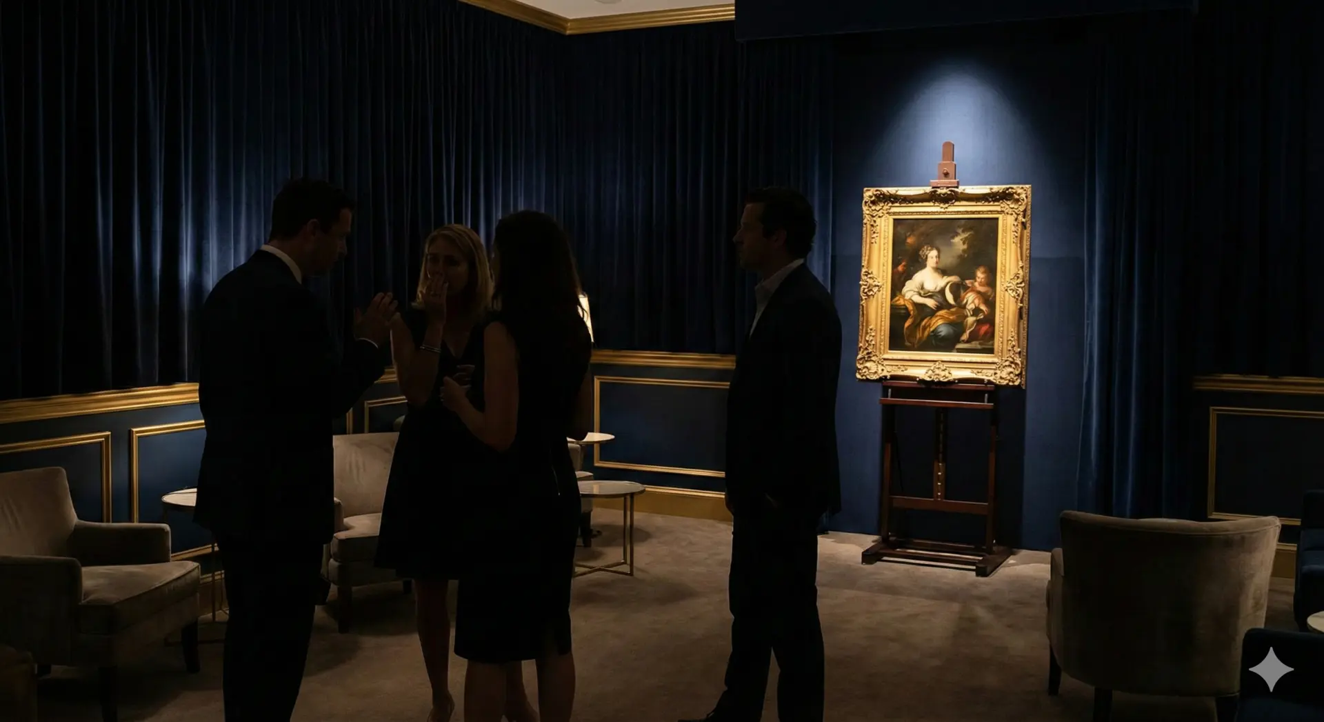 Sala de subasta privada con ambiente exclusivo y foco en una obra destacada.